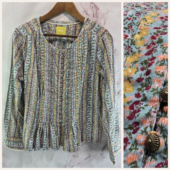 Anthropologie Tops - Anthropologie Shirt Womens Large P Button Up Boho Floral Pleated Maeve Gelise